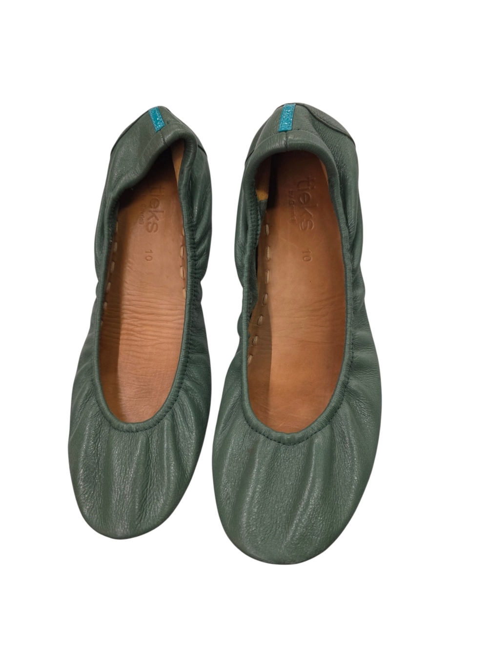 Tieks Green Leather Ballet Flats with Teal Heel Tab Accent